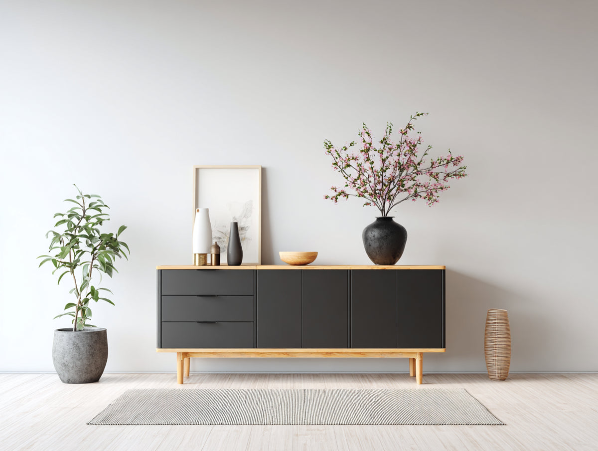 Dielenschrank 160x40x75 cm - Schwarz und Holzoptik - 4 Türen und 3 Schubladen - moderner Stauraumschrank