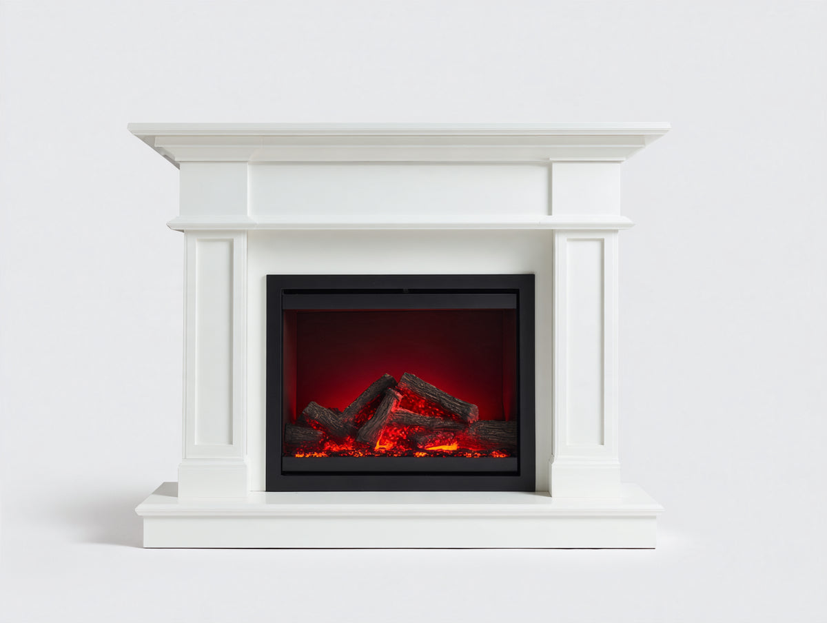 Kamin 125x35x105 cm - Weiß und Schwarz - elektrischer Flammeneffekt mit Holzoptik - klassischer Kamin mit geradliniger Umrandung