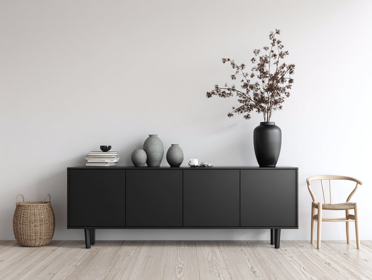 Dielenschrank aus Holzwerkstoff 180x40x75 cm - Schwarz - 4 Türen - modernes minimalistisches Design