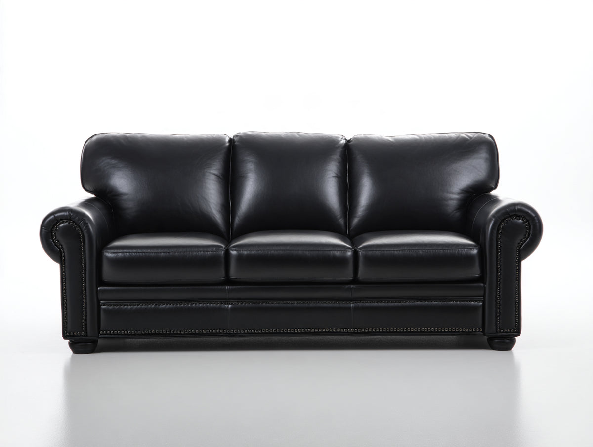 3 Sitzer Sofa aus Leder 215 x 92 x 88 cm - Schwarz - gerollte Armlehnen mit Ziernieten - klassisches Design