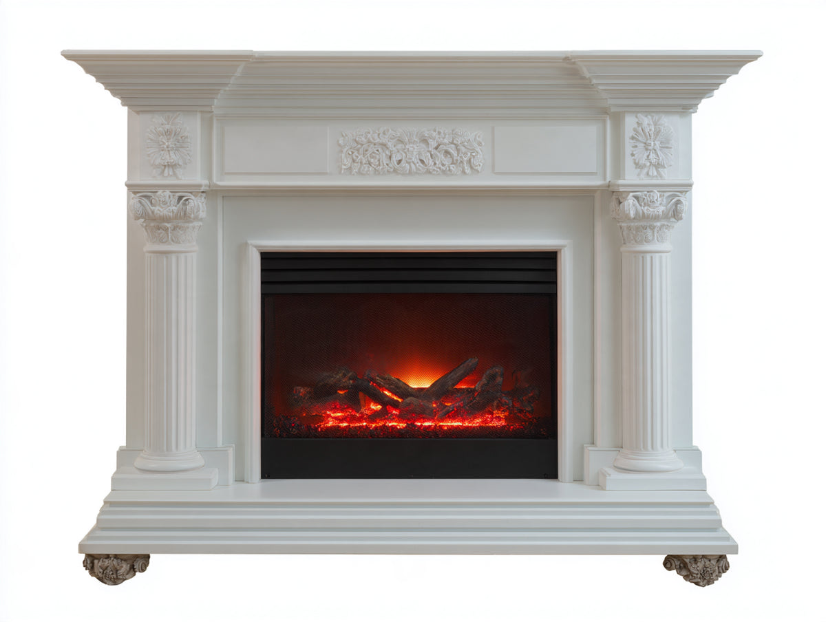 Kamin 135x38x115 cm - Weiß und Schwarz - elektrischer Flammeneffekt mit Holzoptik - klassischer Kamin mit Säulen und Ornamenten