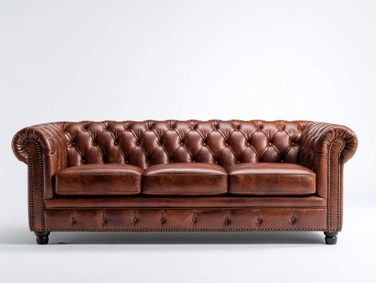 3 Sitzer Sofa - Leder-Holz - 225 x 95 x 78 cm - Cognacbraun - klassisches Chesterfield Design