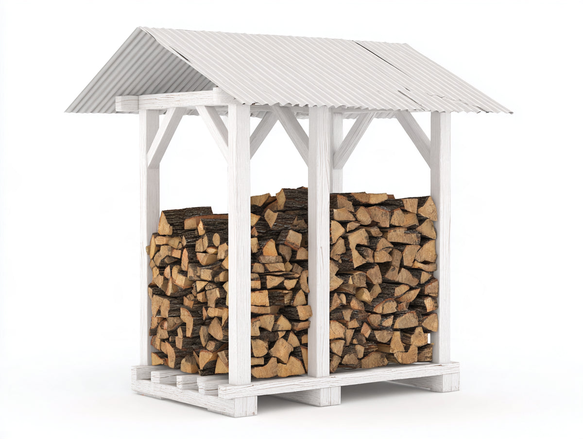 Kaminholzregal aus Holz 140 x 70 x 165 cm - Weiß - mit Satteldach und erhöhtem Boden - rustikales Design
