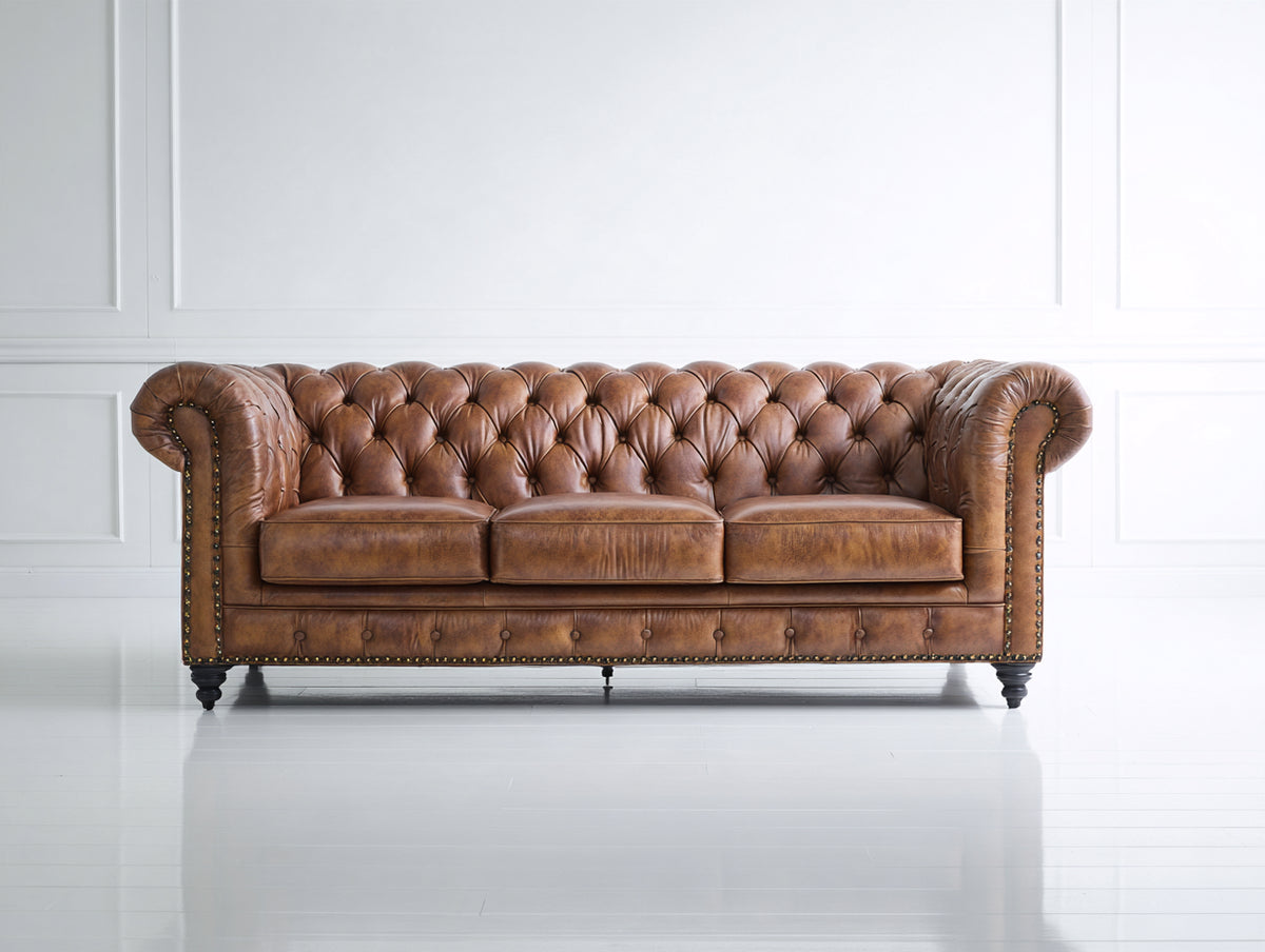 3 Sitzer Sofa 210x90x78 cm - Braun - Lederoptik mit Knopfheftung - klassisches Chesterfield Design