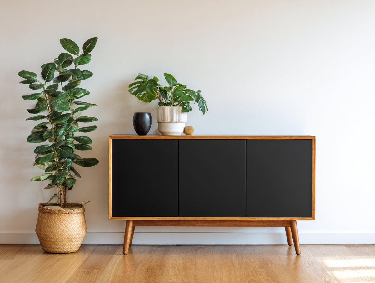 Dielenschrank aus Holzwerkstoff 150 x 40 x 85 cm - Natur-Schwarz - 3 Türen - modernes Design