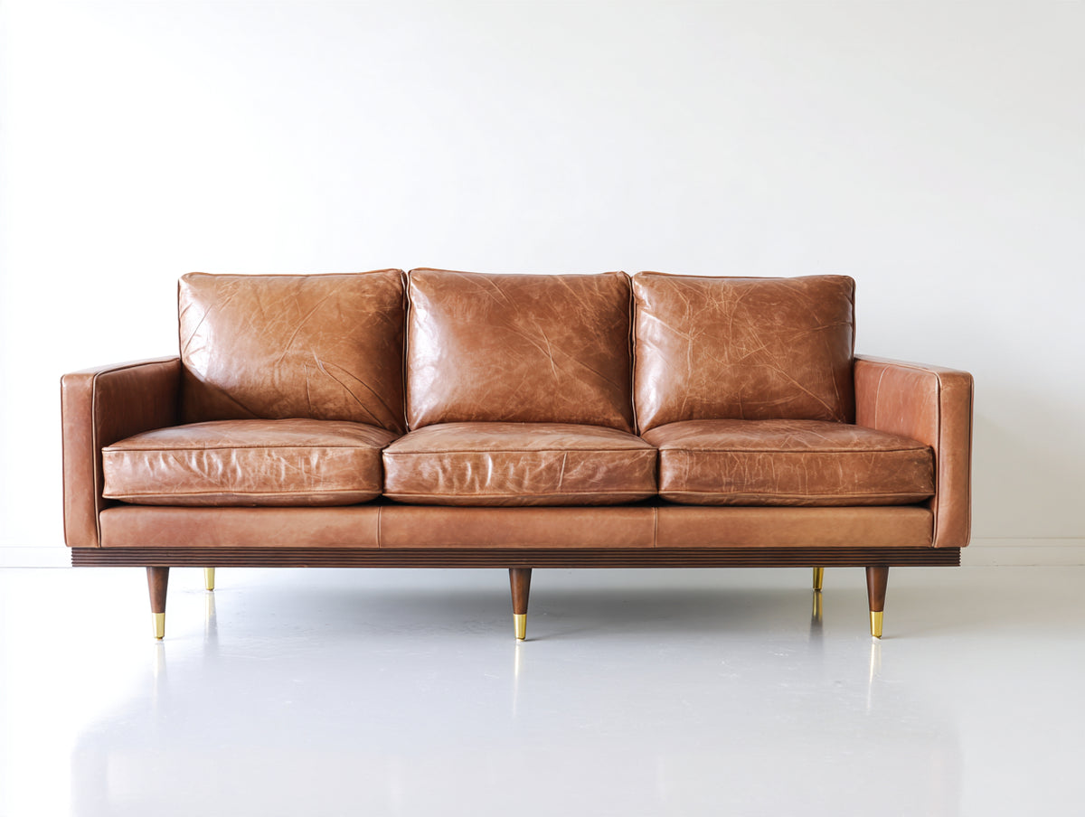 3 Sitzer Sofa - Leder-Holz - 220 x 92 x 82 cm - Cognacbraun - modernes Vintage Design mit schlanken Holzfüßen