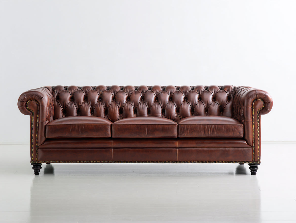 3 Sitzer Sofa - Leder-Holz - 225 x 96 x 78 cm - Dunkelbraun - klassisches Chesterfield Design mit Knopfheftung