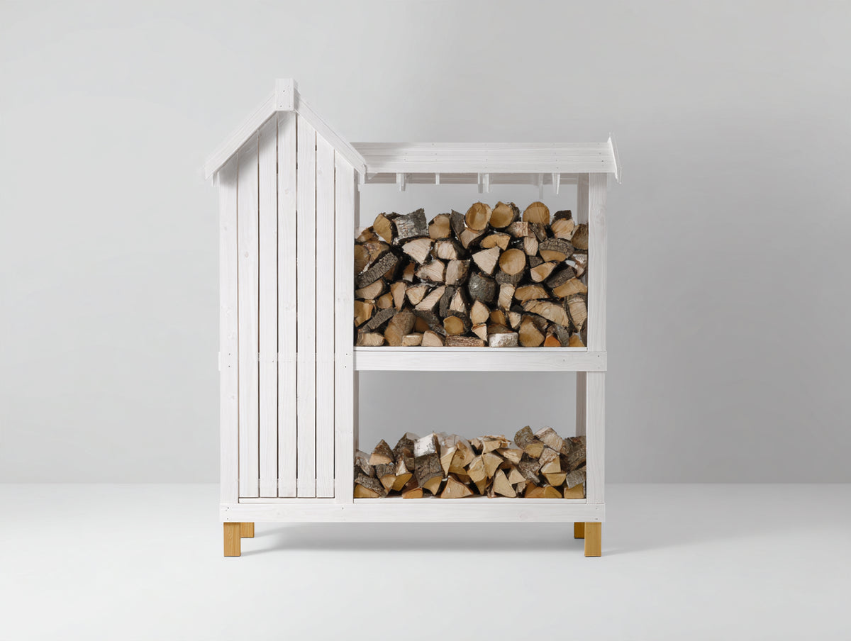 Kaminholzregal aus Holz 120 x 45 x 140 cm - Weiß - zweigeteilter Stauraum mit Dach - rustikales Design