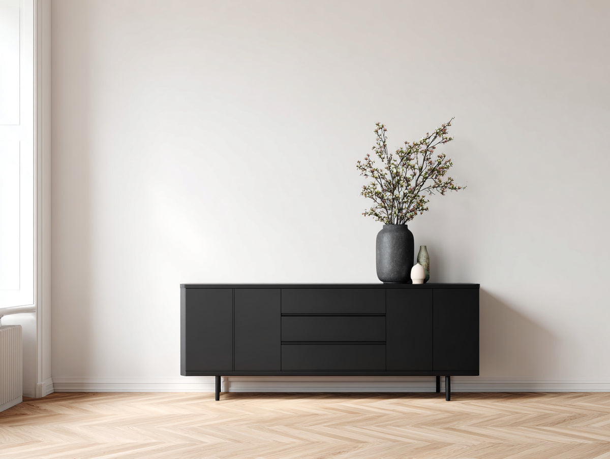 Dielenschrank aus Holzwerkstoff 160 x 40 x 75 cm - Schwarz - 4 Türen und 3 Schubladen - modernes Design
