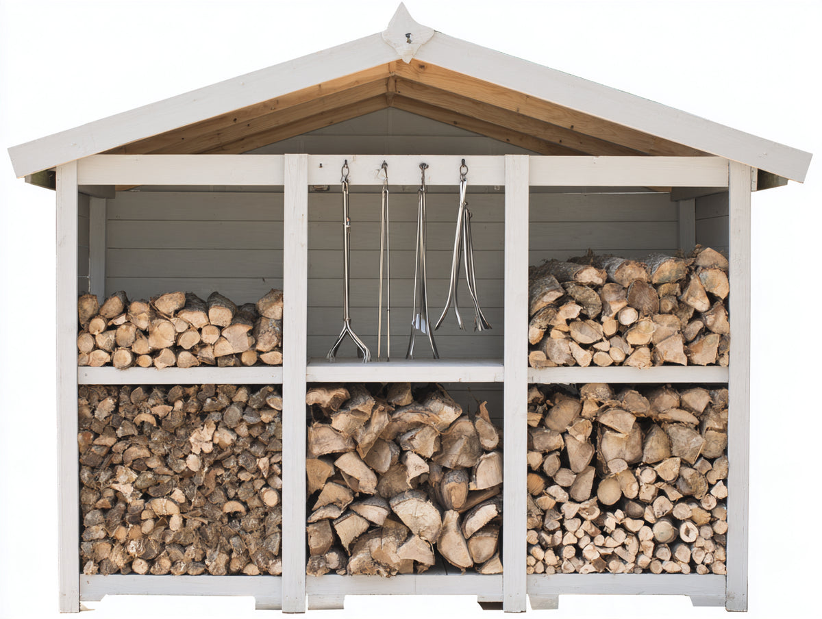 Kaminholzregal aus Holz 240 x 80 x 210 cm - Weiß-Grau - mit Schutzdach - für den Außenbereich